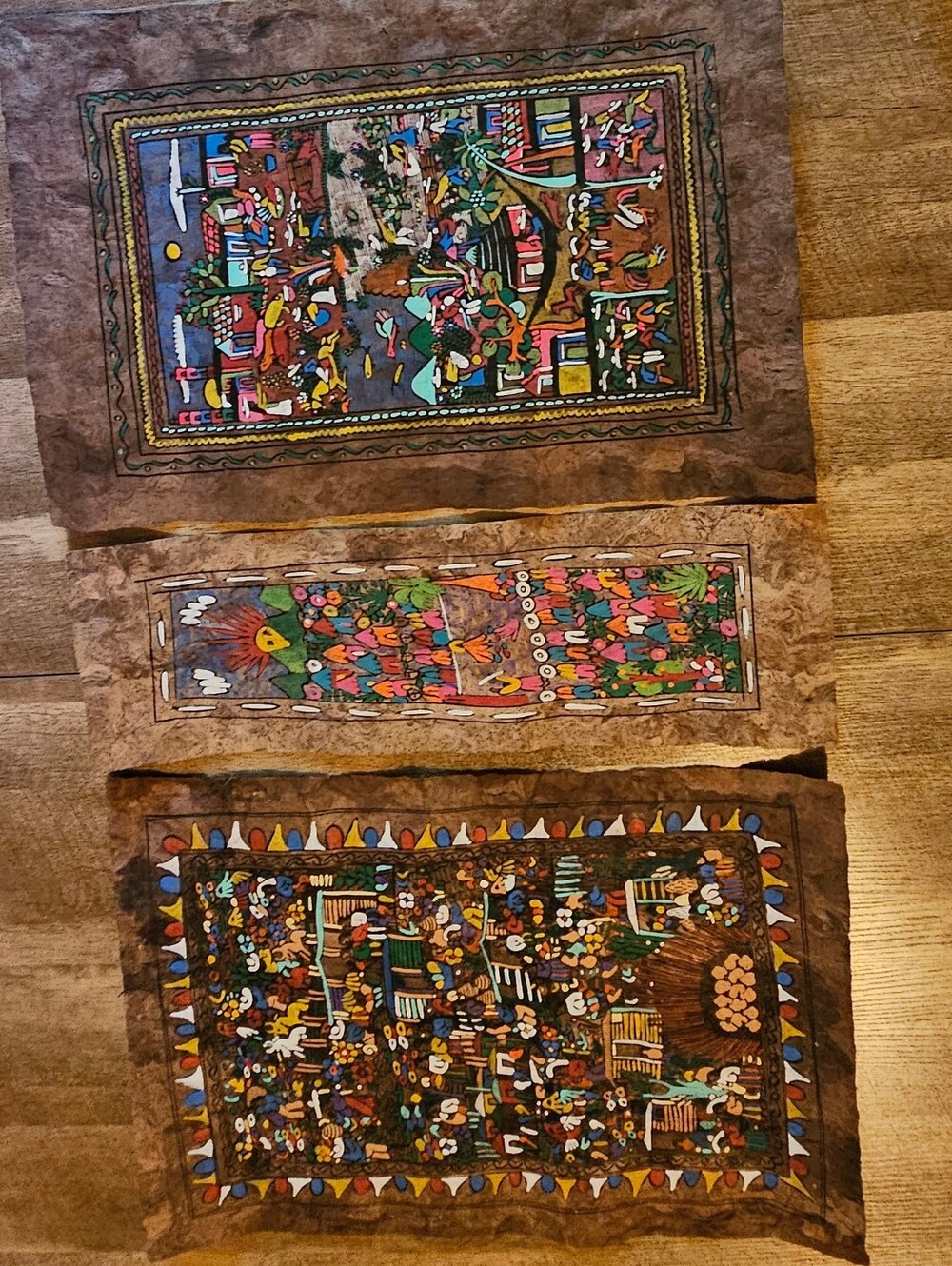Hand-Painted Nahua Village Scene Triptych, Multi-Panel Narrative Art (3 Panels)